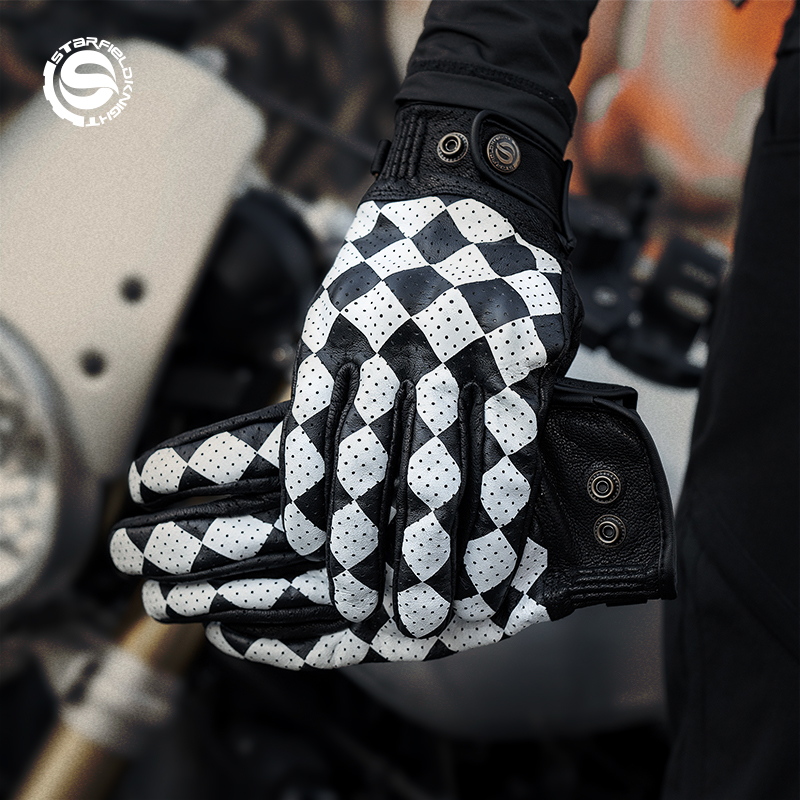 Motorcycle Gear White - สตาร์ฟิลด์ไนท์ถุงมือมอเตอร์ไซค์สีดำ&สีขาวอุปกรณ์ขี่มอเตอร์ไซค์สไตล์เรโทรฤดูร้อนระบายอากาศได้หนังแพะแท้กันลื่นทนต่อการสึกหรอ