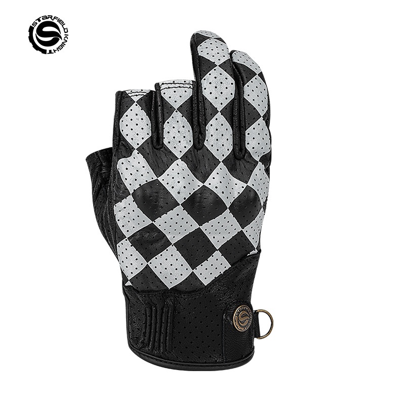 Motorcycle Gear White - STAR FIELD KNIGHT SKG-566 ถุงมือมอเตอร์ไซค์แบบครึ่งนิ้วสำหรับฤดูร้อนผู้ชายระบายอากาศได้หนังแพะหนังวัวย้อนยุคอุปกรณ์ขี่รถสีดำสีขาว