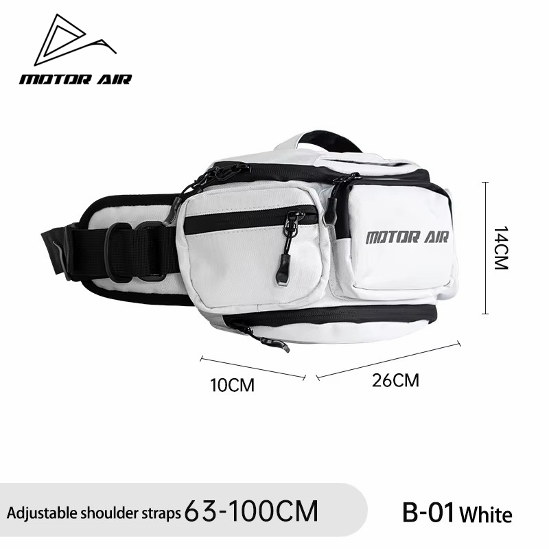 Motorcycle Gear White - กระเป๋าคาดเอว/คาดอกสำหรับมอเตอร์ไซค์และจักรยาน Motor-Air สีขาว พร้อมผ้าคลุมกันน้ำสำหรับการขี่กลางแจ้ง
